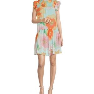 NWT Maison Tara Flutter Sleeve Mock Smocked Neck Floral Sheath Dress